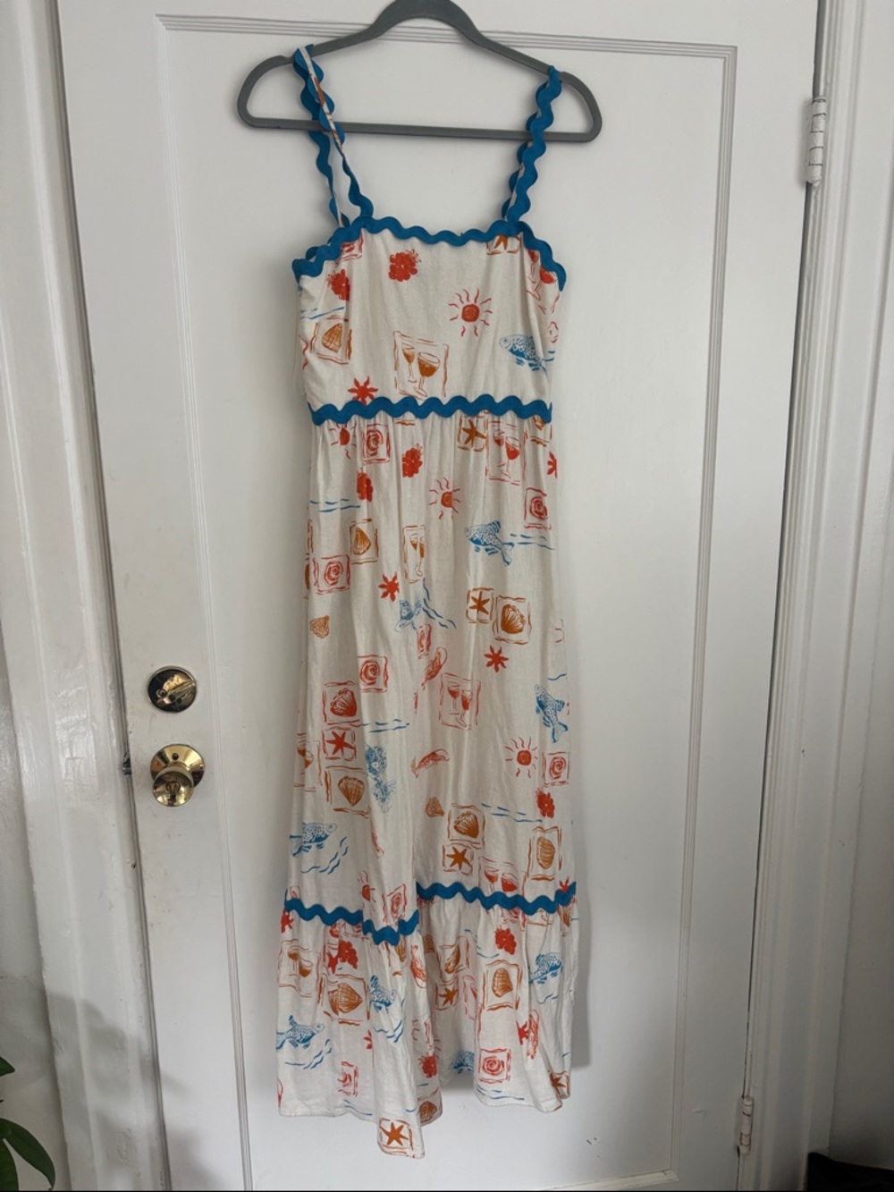 Cece Cream and Blue Beach/Sea Shell print Maxi Dress with Blue Rickrack Trim
